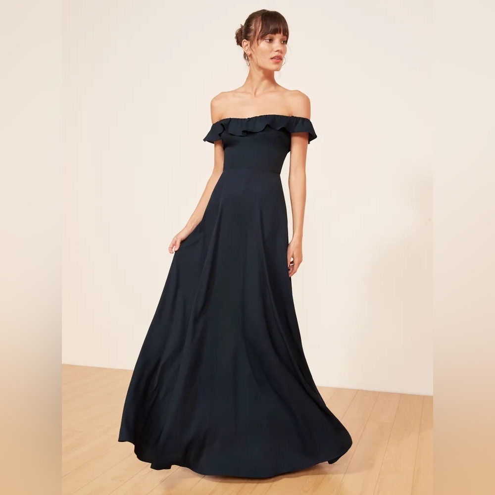 Reformation Verbena Dress Off Shoulder Formal Gown Navy Blue Size 6 EUC